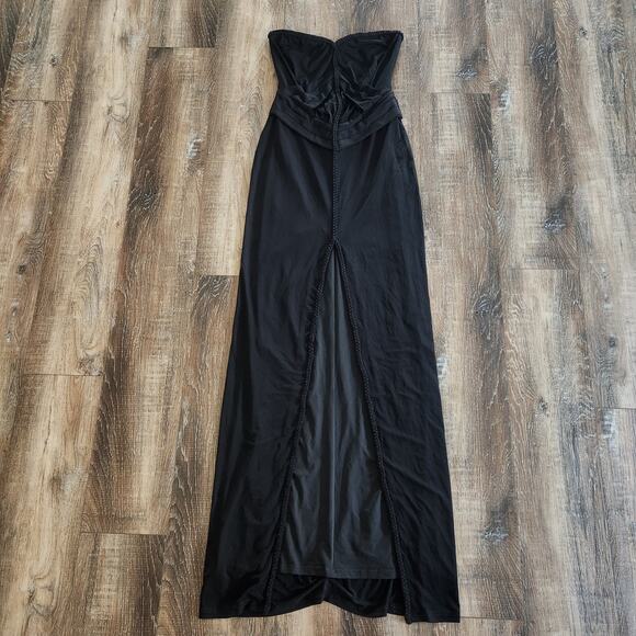 Retrofete Black Strapless Maxi Dress XS? Braided Hems Sample Thigh High Slit - Picture 1 of 9